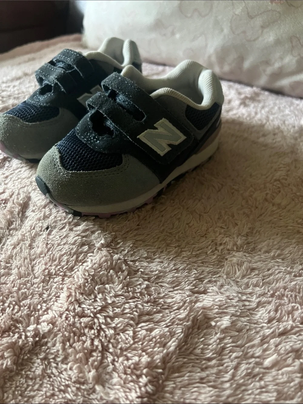 New Balance Kids blue and gray Green Velcro Sneakers